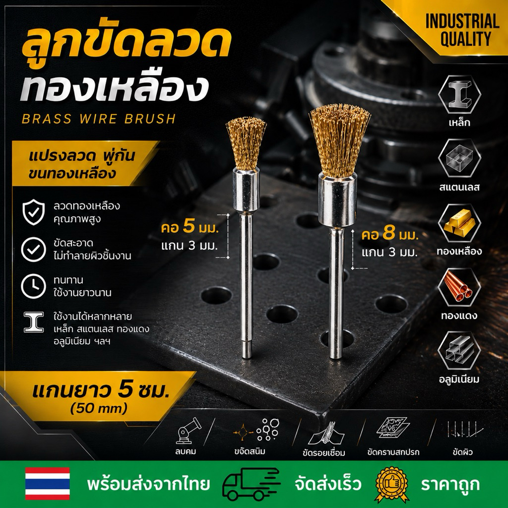 [โปรแถมฉ่ำ 10 แถม 3 / 5 แถม 1] แปรงลวดพู่กัน ขนทองเหลืองแท้ แกน 3 มม. (คอ 5 มม. / คอ 8 มม.) ลูกขัดลวดทองเหลือง