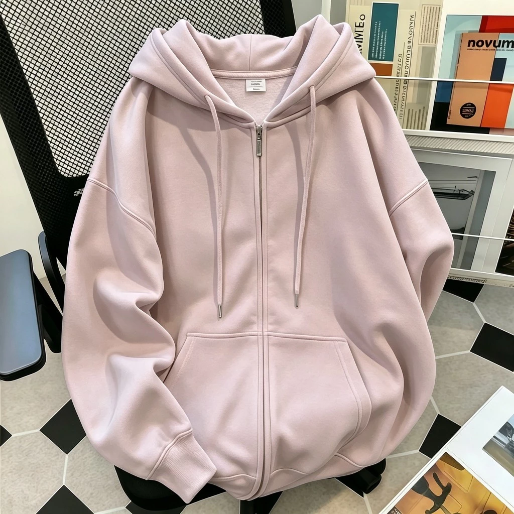 สีทึบ Zipper Hoodie Breathable แจ็คเก็ตกันแดด เสื้อแขนยาวแจ็คเก็ตกันหนาว มีฮู้ดและซิปเต็ม ลายสปอร์ต Unisex COD