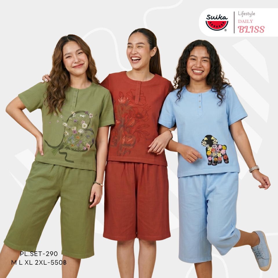 เสื้อแตงโม (SUIKA) -  เสื้อคอปาดแขนสั้นและกางเกงเอวยางยืดขาสามส่วน ผ้าฝ้าย (PL.SET-181 130 290 290 161 162 )