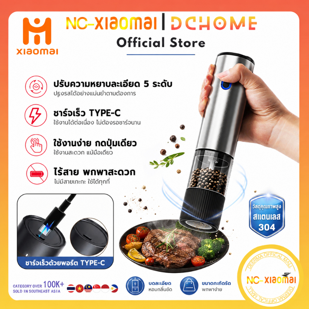 NC-XIOAM เครื่องบดพริกไทยแบบอัตโนมัติ ปรับได้ 5 ระดับ เครื่องบดพริกไทย ชาร์จ USB ถั่วเครื่องเทศธัญพืชพริกไทยบดอัตโนมัติ