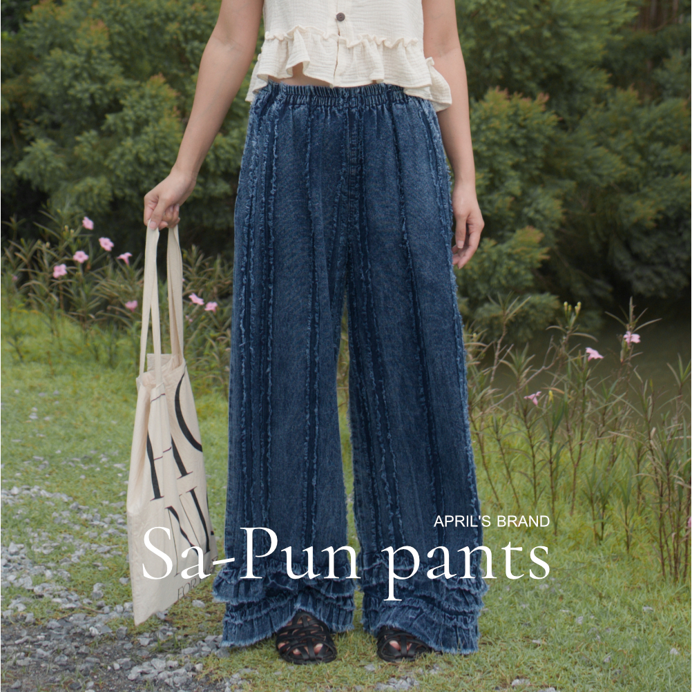 APRIL'S | Sa-Pun pants กางเกงผ้าฝ้ายทอริ้วแต่งรุ่ยทรงชายระบาย รุ่นสะปัน