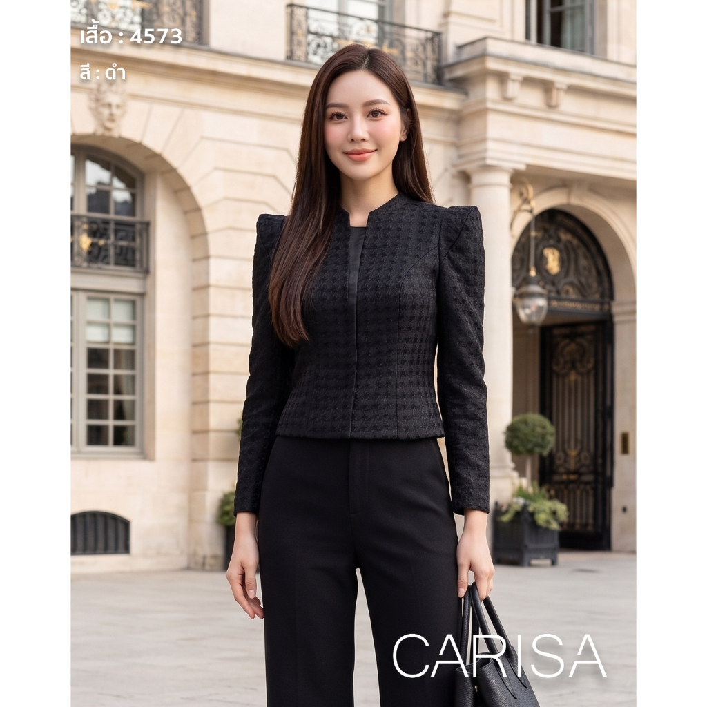 [4573] เสื้อแขนยาวดีไซน์ใหม่ บ่าจีบ ผ้าแจ็คการ์ดทอลายนูนแบบโมเดิร์น ตัดแบบคอจีนผ่าหน้า