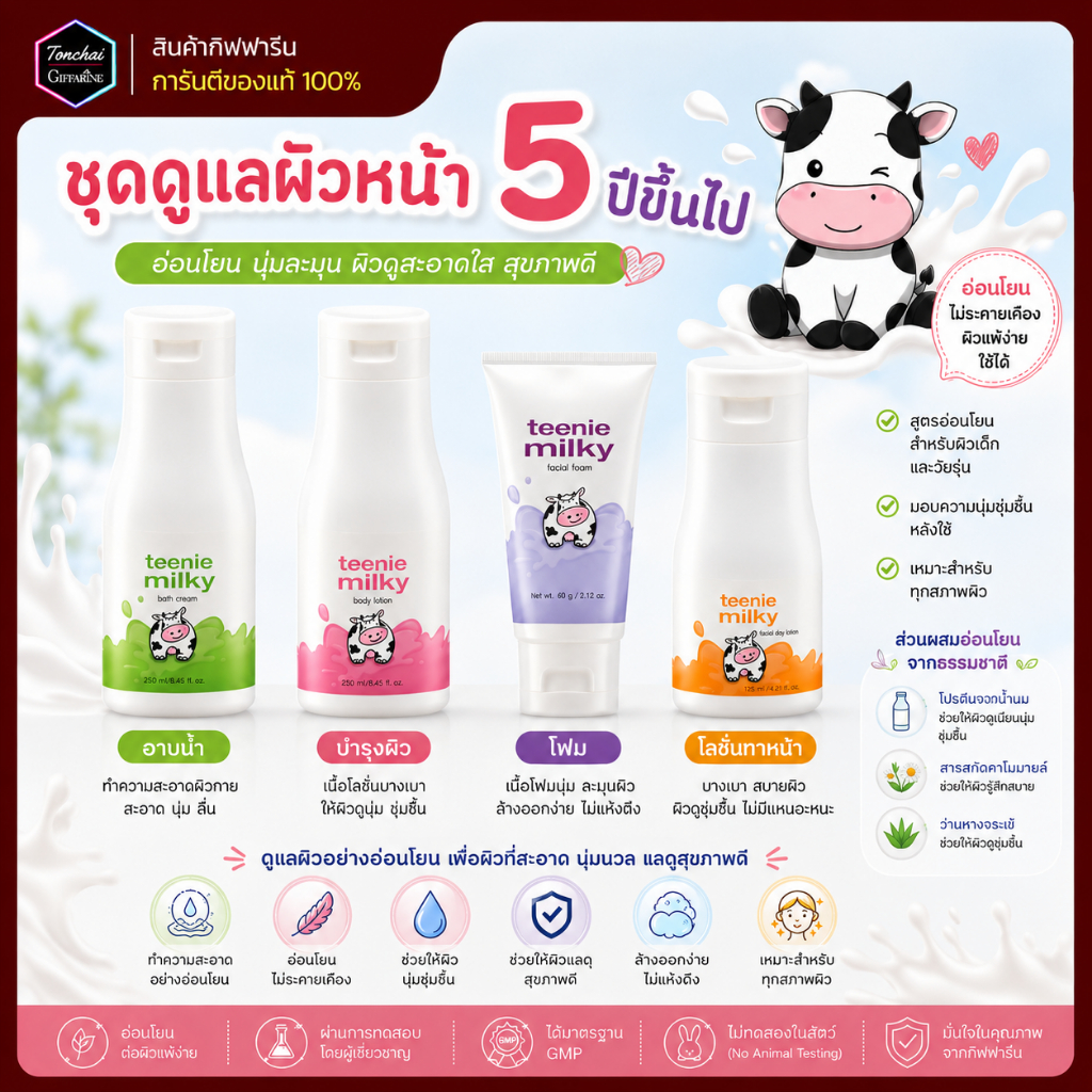 ชุดดูแลผิวเด็ก โฟมล้างหน้าเด็ก ทีนนี่ มิลค์กี้ กิฟฟารีน โฟมล้างหน้าสูตรอ่อนโยน โฟมล้างหน้าสูตรน้ำนม