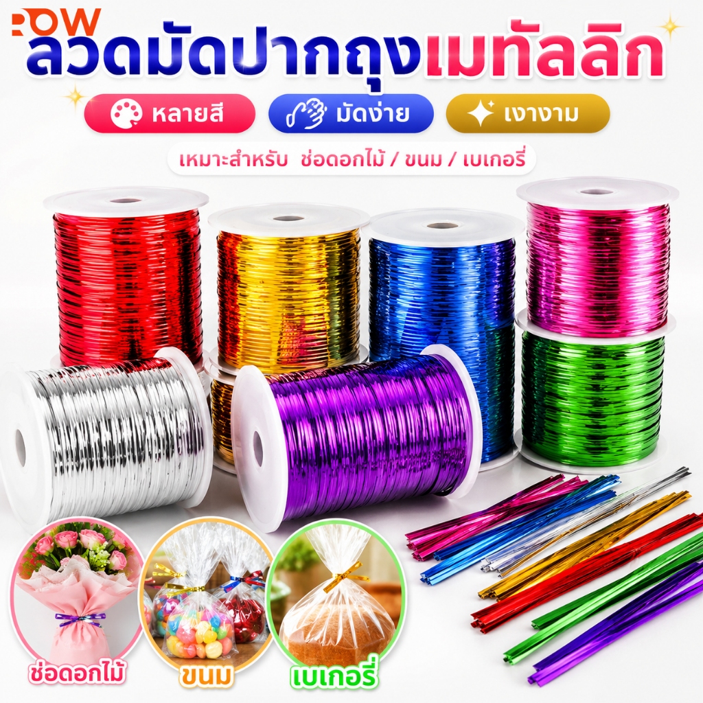 ริบบิ้นมัดถุงขนม สีสวยเงางาม ใช้สำหรับแพ็คเบเกอรี่ ลูกอม และของฝาก