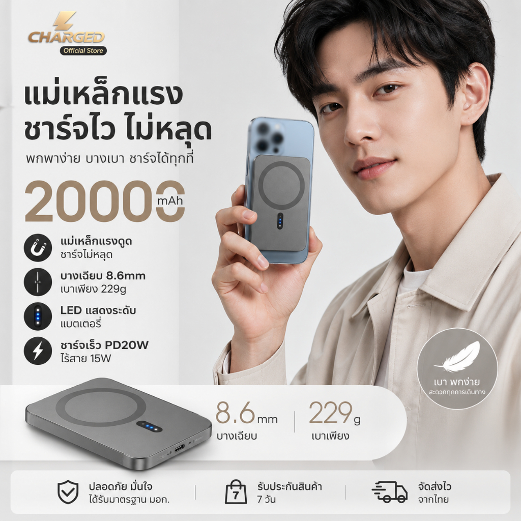 CCC การรับรอง Magnetic powerbank พาวเวอร์แบงค์ 20000mAh wireless fast charger รับประกัน 3 ปี