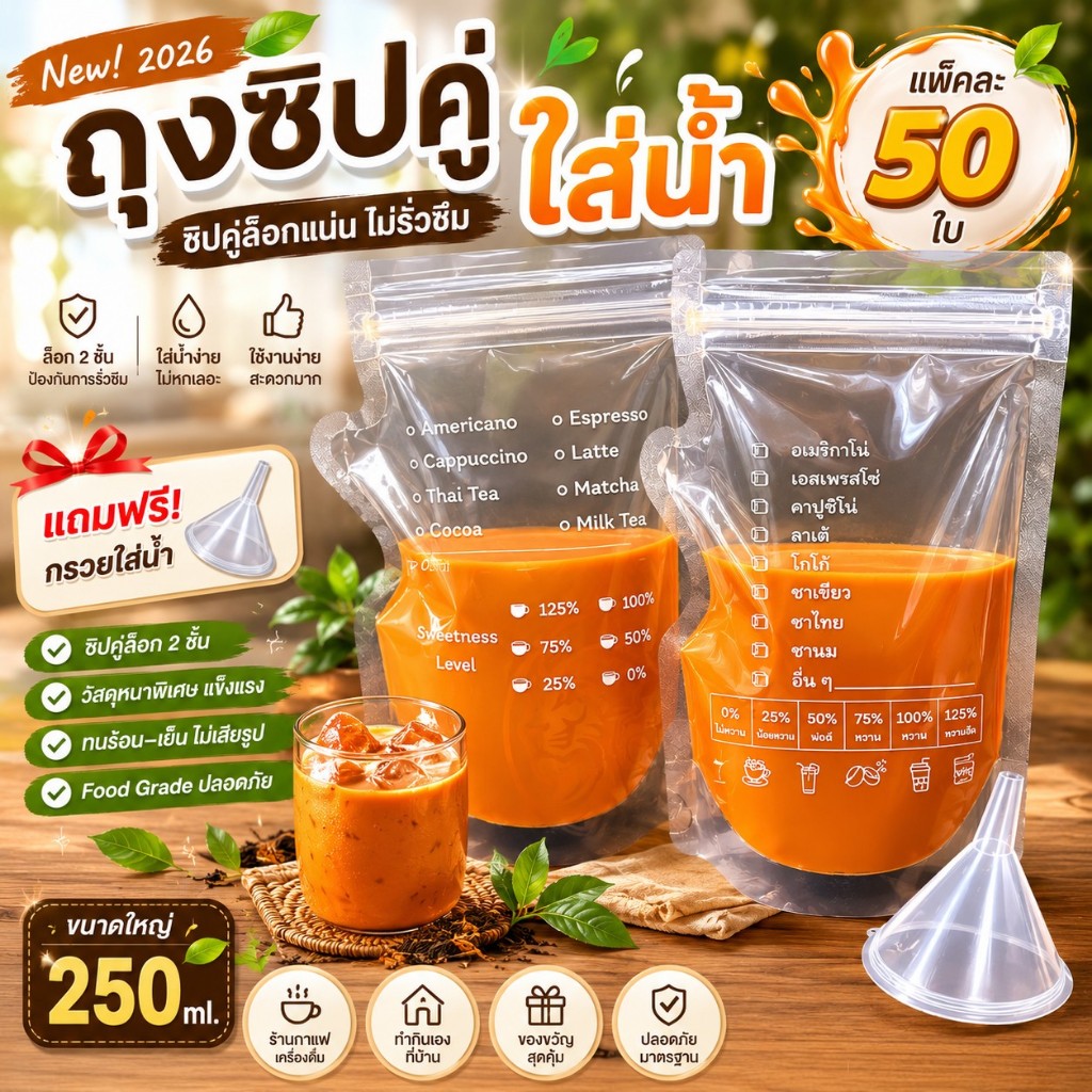 "ถุงใส่น้ำ" ถุงซิปใส่น้ำแข็ง ถุงใส่เครื่องดื่ม ถุงใส่กาแฟ ซิปแน่นพิเศษ น้ำไม่หก