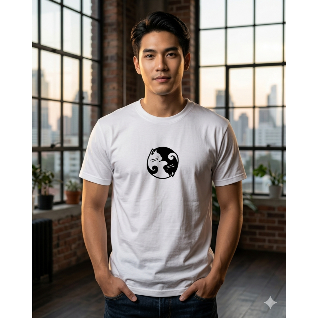 ⚡ส่งไว⚡ 05 [ อ่านก่อน เสื้อมีตำหนิ ] เสื้อยืดลายแมวหยินหยางสุดไอคอนิก เสื้อยืดพิมพ์ลายกราฟิกสไตล์มินิมอล (Custom Print)