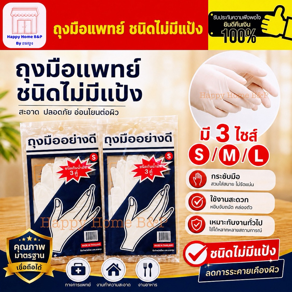 ถุงมือยางหมอ ถุงมือ ยางพารา เกรดA อย่างดี