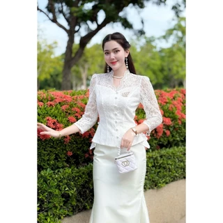 เสื้อลูกไม้รุ่น-มรกต แขนยาว 5ส่วน คอวี ตกแต่งกระดุมแกะได้