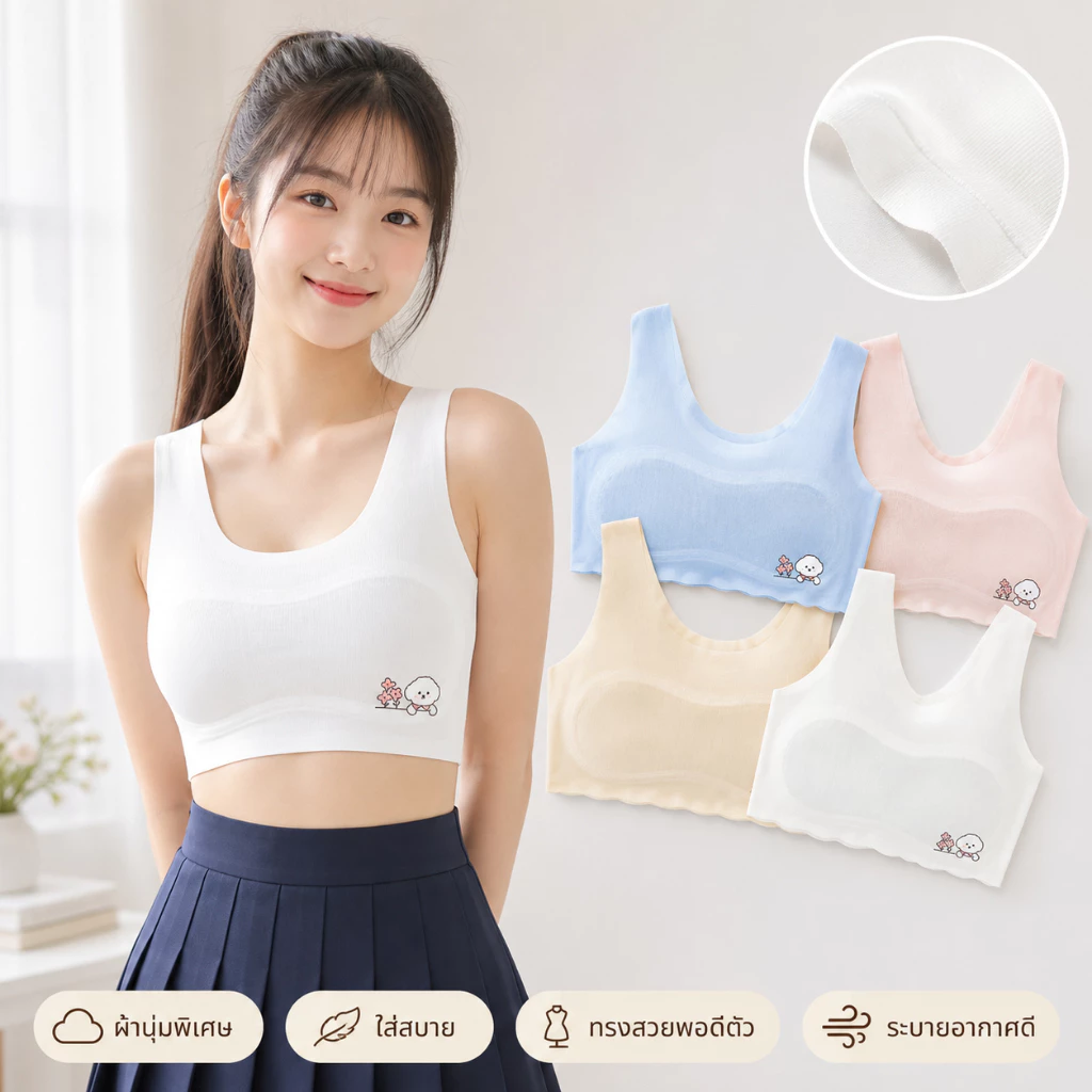 เสื้อชั้นในฝึกหัดเด็กผู้หญิง 7-14ปี ไร้ตะเข็บ ผ้าไหมน้ำแข็ง ระบายอากาศดี สวมสบาย ป้องกันรอยย่น