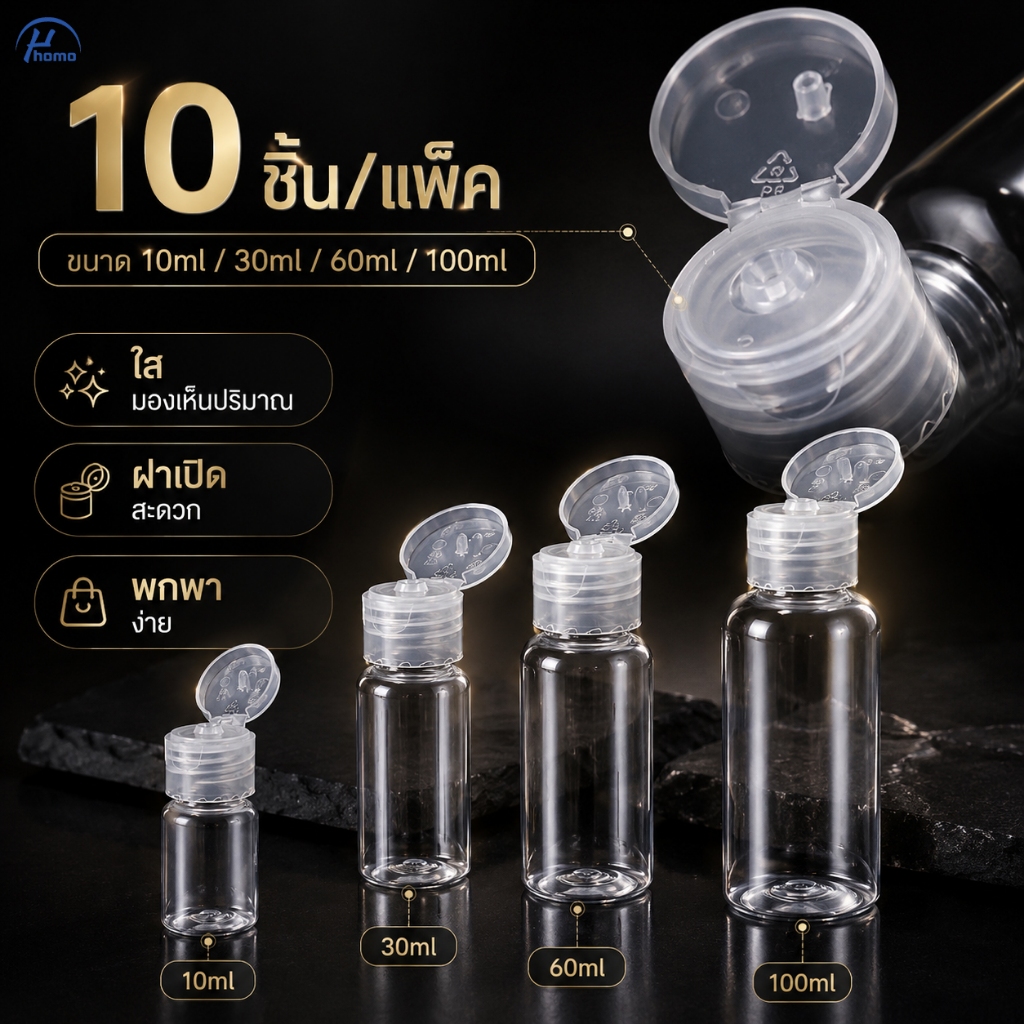 ขวดแบ่งเครื่องสำอาง ขวดใสฝาเปิด 10 ชิ้น Travel Bottle สำหรับสกินแคร์ แชมพู โลชั่น