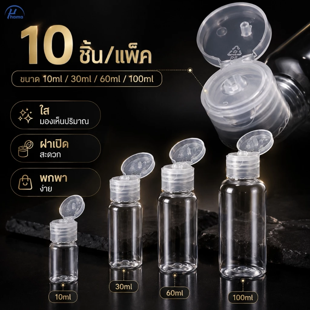 ขวดแบ่งเครื่องสำอาง ขวดใสฝาเปิด 10 ชิ้น Travel Bottle สำหรับสกินแคร์ แชมพู โลชั่น