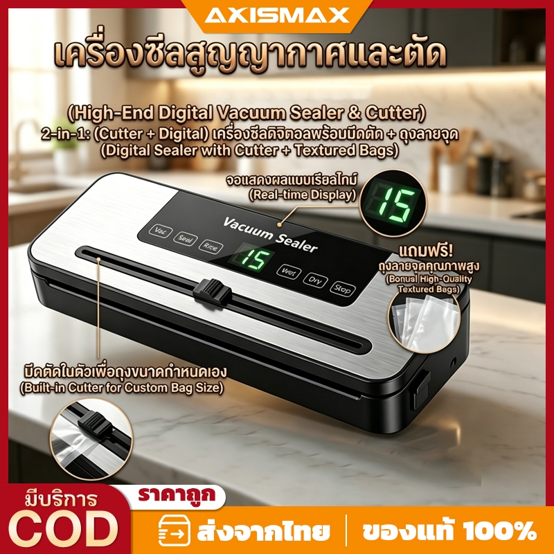 AXISMAX เครื่องซีลสูญญากาศดิจิทัลมีใบมีด + ถุงลายนูน (3 ตัวเลือก) - Vacuum Sealer Machine พร้อมถุงซีลคุณภาพสูง เก็บอาหาร