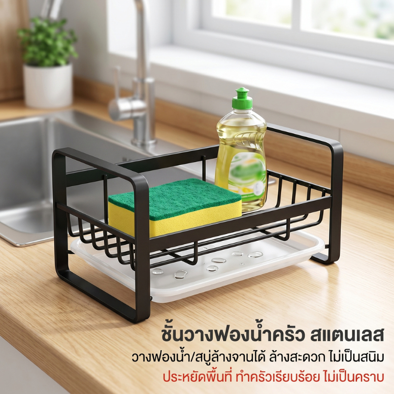 ที่วางฟองน้ำล้างจาน 304สแตนเลส มีท่อระบายน้ำและถาดถอดได้ อเนกประสงค์ ช่วยจัดเก็บของใช้ภายในครัวเรือน
