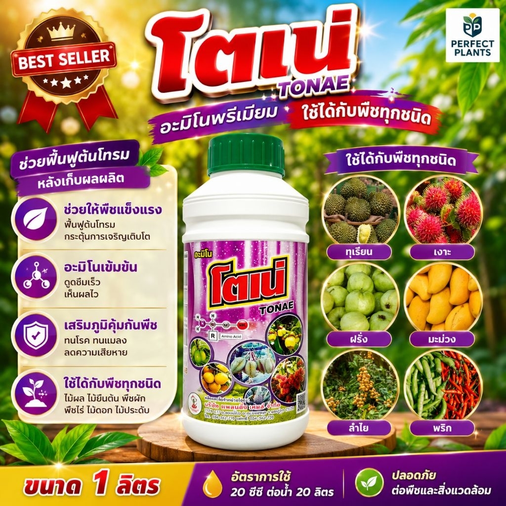 โตเน่ (อะมิโนพรีเมี่ยม) ใช้ได้กับพืชทุกชนิดช่วยฟื้นฟูต้นโทรมหลังการเก็บผลผลิต