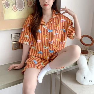 รุ่นใหม่ ชุดนอนผ้าไหมญี่ปุ่น แขนสั้น-ขาสั้น ผ้าเนื้อบางเบา อก52นิ้ว ใส่สบาย เหมาะสำหรับอากาศร้อน