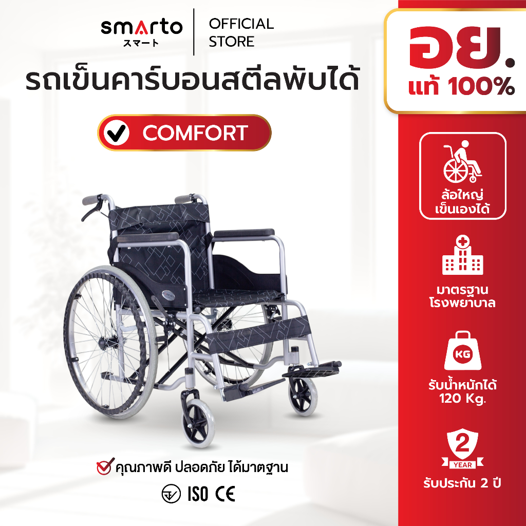 [รับประกัน 2ปี] Forever รุ่น Comfort รถเข็นวีลแชร์ล้อขนาด 24" โครงเหล็ก รถเข็นคนป่วยพับได้