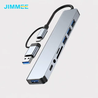 JIMMEE USB HUB 8in1 หัวคู่ Type-C USB 3.0 ฮับแปลงหลายพอร์ต อ่าน SD/TF ต่อเมาส์ คีย์บอร์ด แฟลชไดร์ฟ สำหรับโน้ตบุ๊ก