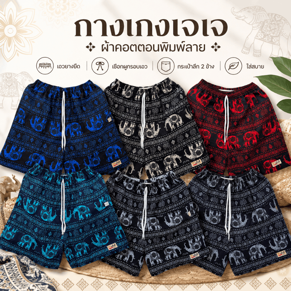กางเกงเจเจ ขาสั้น ไซส์ M/L/XL "ช้างไทย พื้นดำ" ร้านคละสีให้ ผ้าคอตตอนนิ่มหนา ใส่สบายใส่ได้ทั้งผู้ชายผู้หญิง