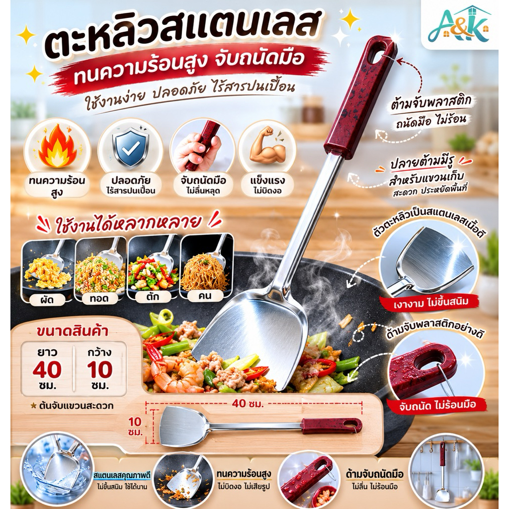 A&k family shop ตะหลิวสแตนเลสทนความร้อนสูงด้ามจับอย่างดี NF123