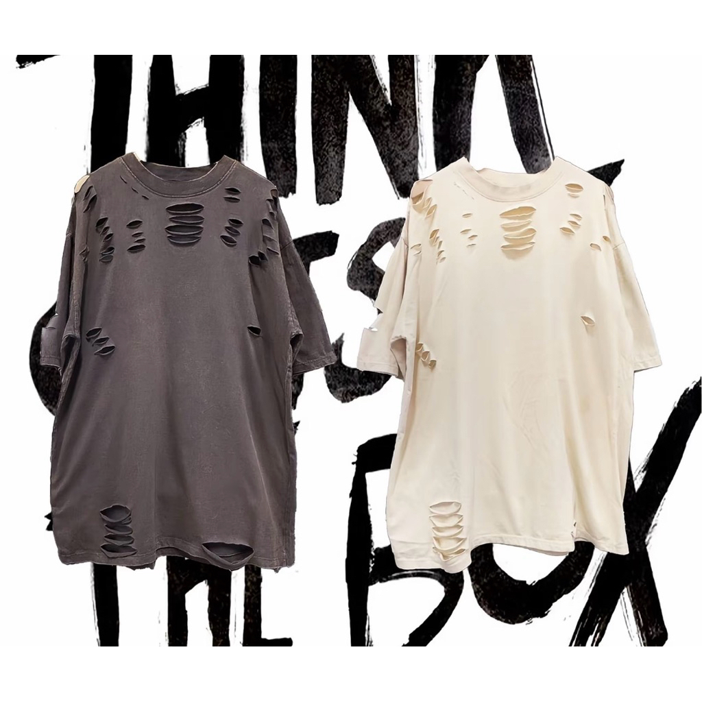เสื้อยืดผ้าฝแก แต่งขาด ขาว และ ดำ