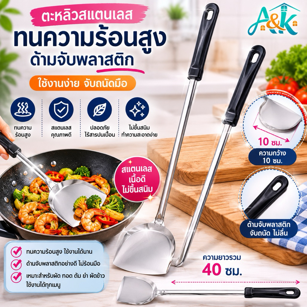 A&k family shop   ตะหลิวสแตนเลสทนความร้อนสูงด้ามจับอย่างดี NF122