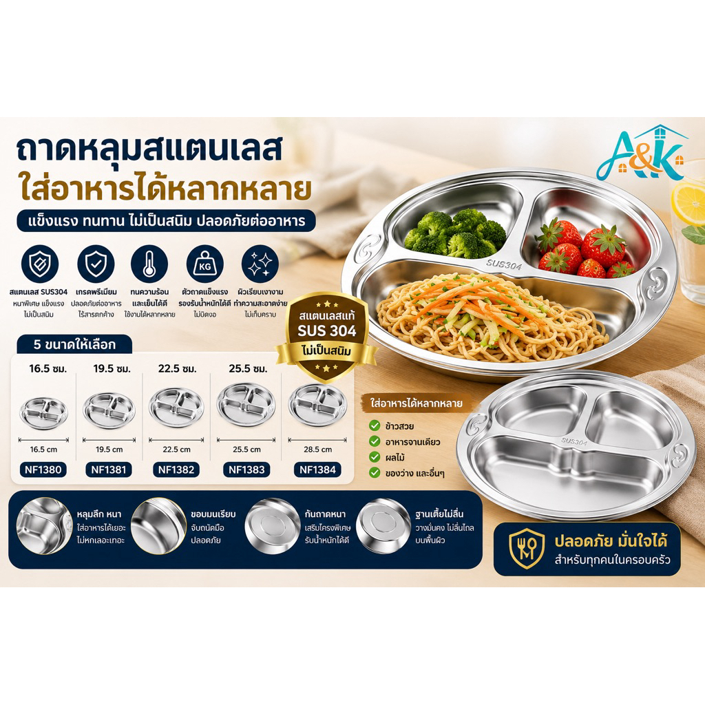 A&k family shop  ถาดหลุมสแตนเลสใส่อาหารใส่ข้าว NF544