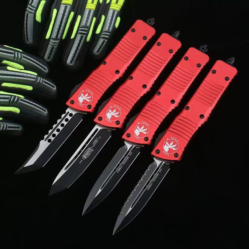 Microtech ด้ามจับสีแดง ใบมีดสีดำ Dalong กระโดดตรง OTF วัสดุตัดขอบ: D2 วัสดุก้าน: อลูมิเนียมการบิน