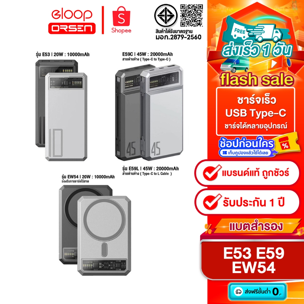 (ลดราคาพิศษ) Eloop E53 10000mAh / E59 20000mAh / EW54 1000mah  รองรับการชาาร์จเร็ว ของแท้100%