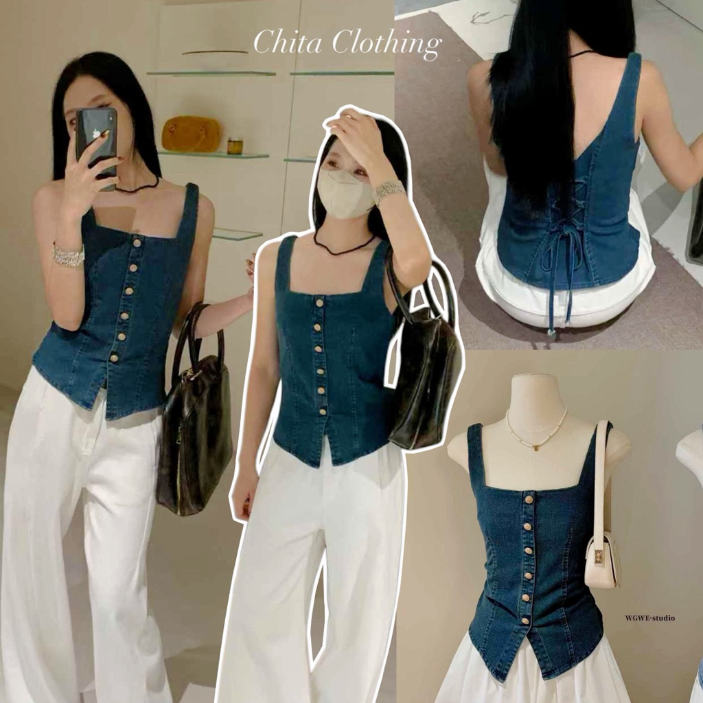 📍พร้อมส่ง📍5581 เสื้อยีนคอเหลี่ยม งานกระดุมหน้ามีเชือกรูดด้านหลัง เนื้อผ้ายีนอย่างดี ทรงสวย TAG:WG.WE 🇰🇷