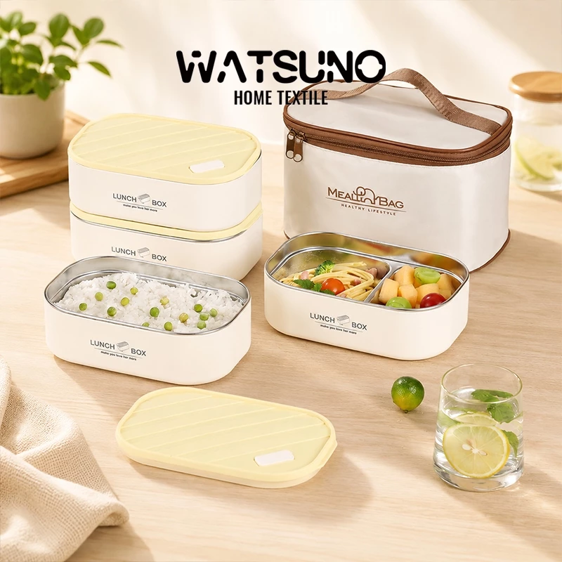 Watsuno.กล่องข้าวสแตนเลส 304 พร้อมกระเป๋าเก็บความเย็น มีช้อนส้อม พกพาสะดวก