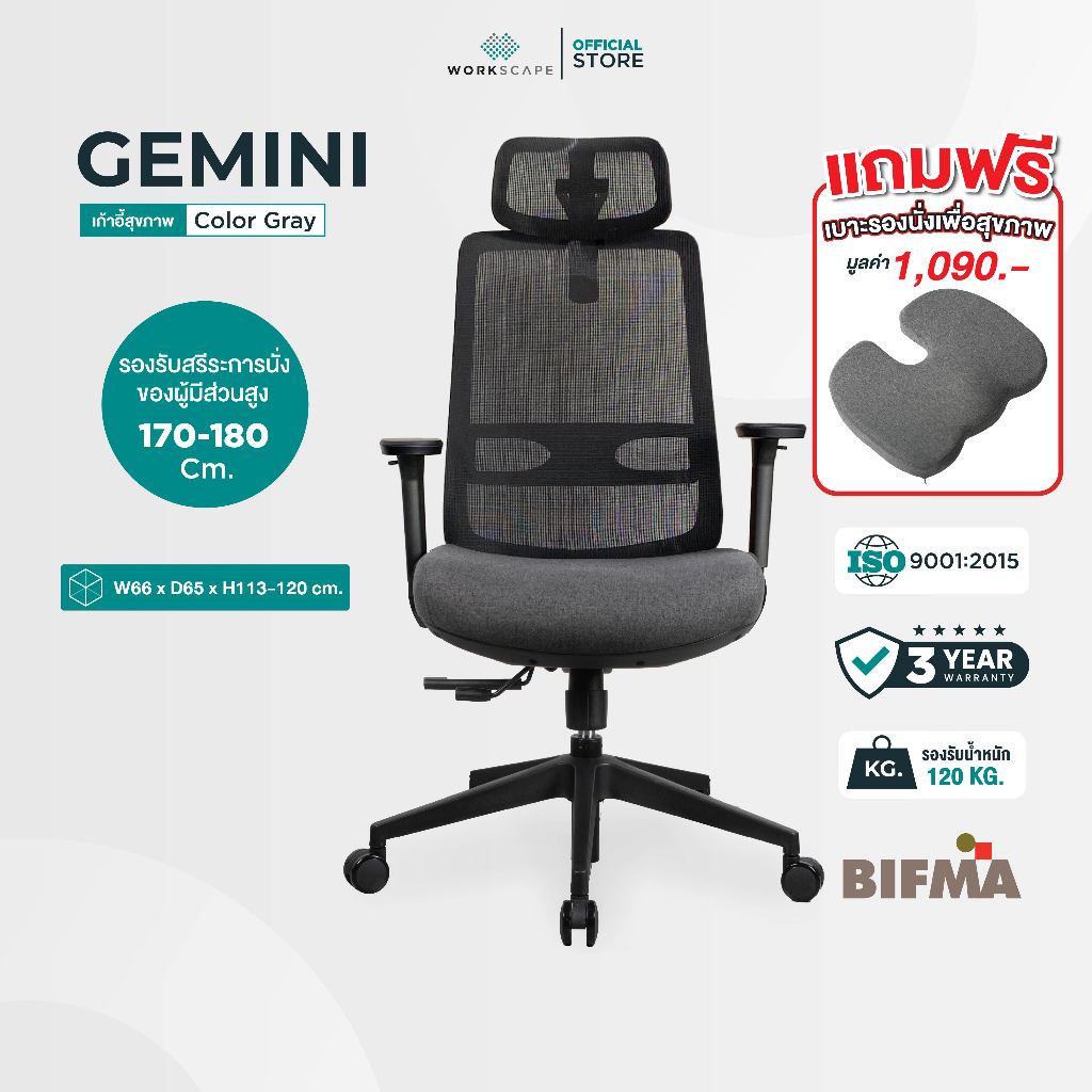(ฟรีเบาะรองนั่ง) Workscape เก้าอี้สุขภาพ รุ่น GEMINI Black พนักพิงตาข่าย เบาะโฟมขึ้นรูป นั่งสบาย