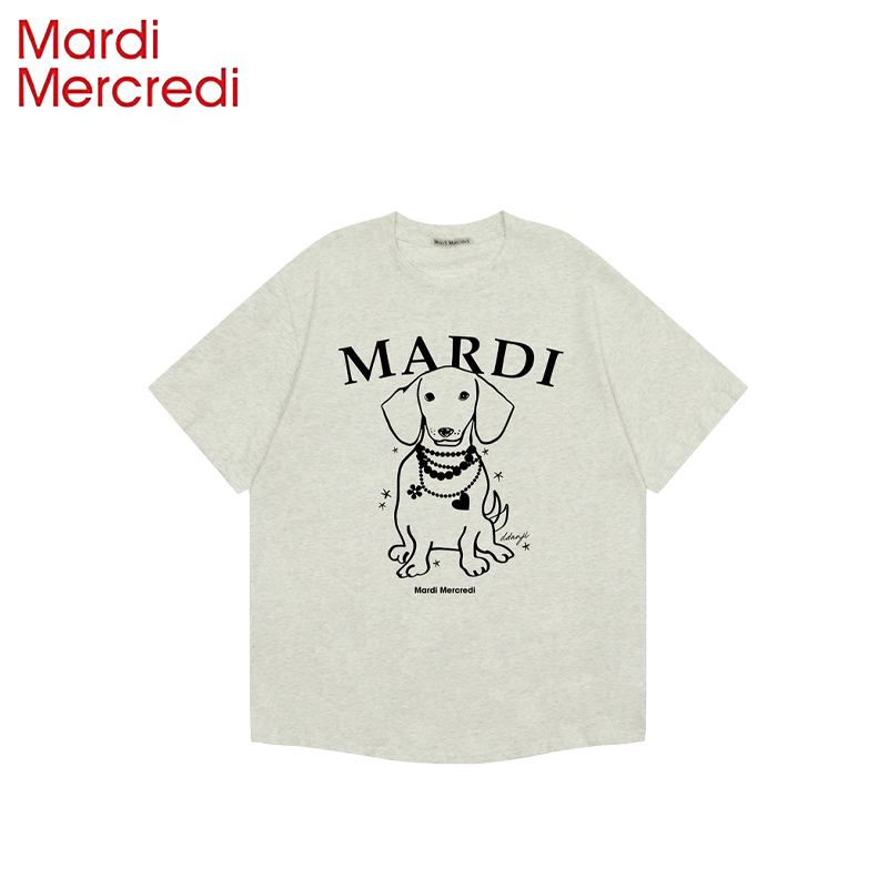 MARDI MERCREDI TSHIRT【ของแท้ 100% พร้อมส่ง】เสื้อยืดผ้าฝ้ายแท้ทรงหลวม พิมพ์ลายสุนัขคล้องสร้อยคอ พิมพ์