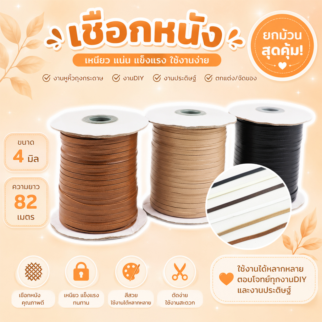 เชือกหนัง 502 ขนาด4มิล ความยาว82เมตร เชือกหนังเส้นแบน