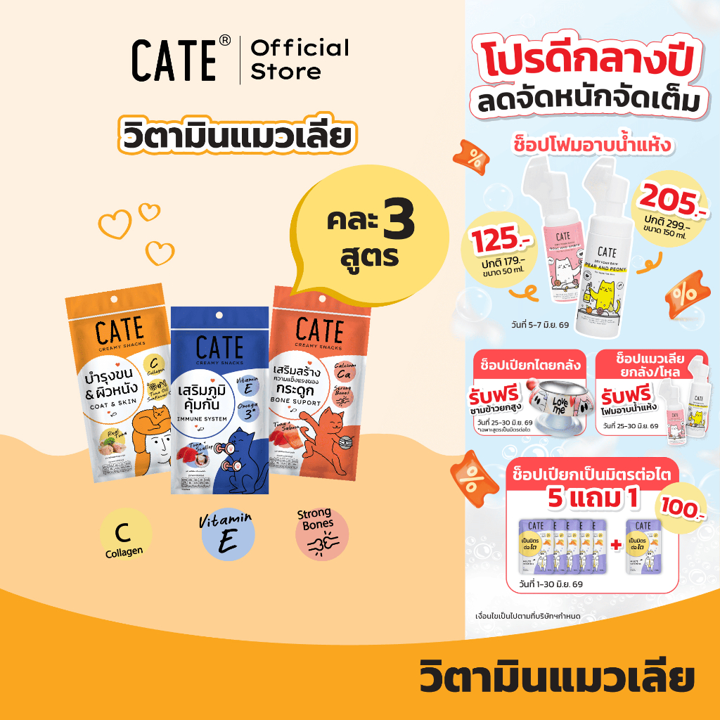 (คละ 3 สูตร) CATE เคท ขนมแมวเลียคละรส 3 สูตร เสริมภูมิคุ้มกัน คอลลาเจน แคลเซียม
