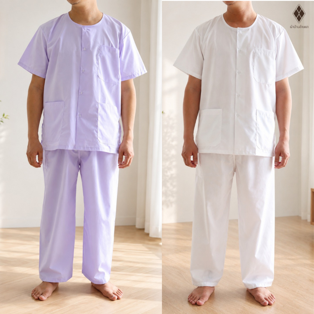 (ผ้าโทเร-รุ่นหนา) ชุดปฏิบัติธรรม ชาย-หญิง (เสื้อคอกลมผ่าหน้า+กางเกงเอวยางยืด+กระเป๋าซิป 1 ใบ) ใส่ไปวัด ทำบุญ นั่งสมาธิ