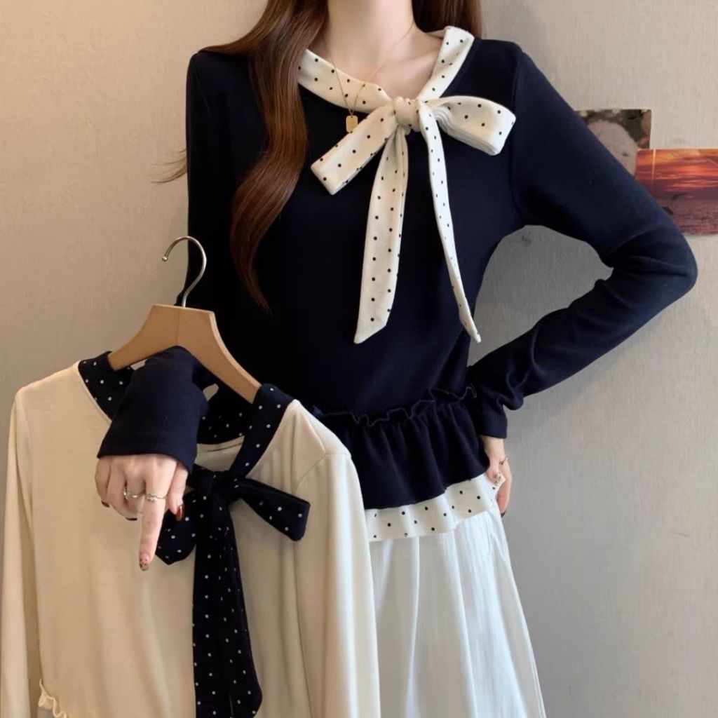 LUNA~Xเวอร์ชันเกาหลี โบว์ แขนยาว เสื้อเชิ้ต รุ่นใหม่ สไตล์แฟชั่น