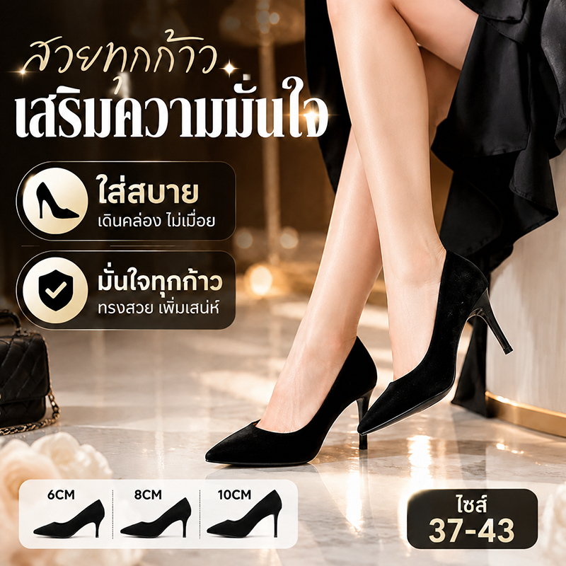 รองเท้าส้นสูงผู้หญิง สีดำ รองเท้าไซส์ใหญ่ แฟชั่นเกาหลี ขนาด37-43