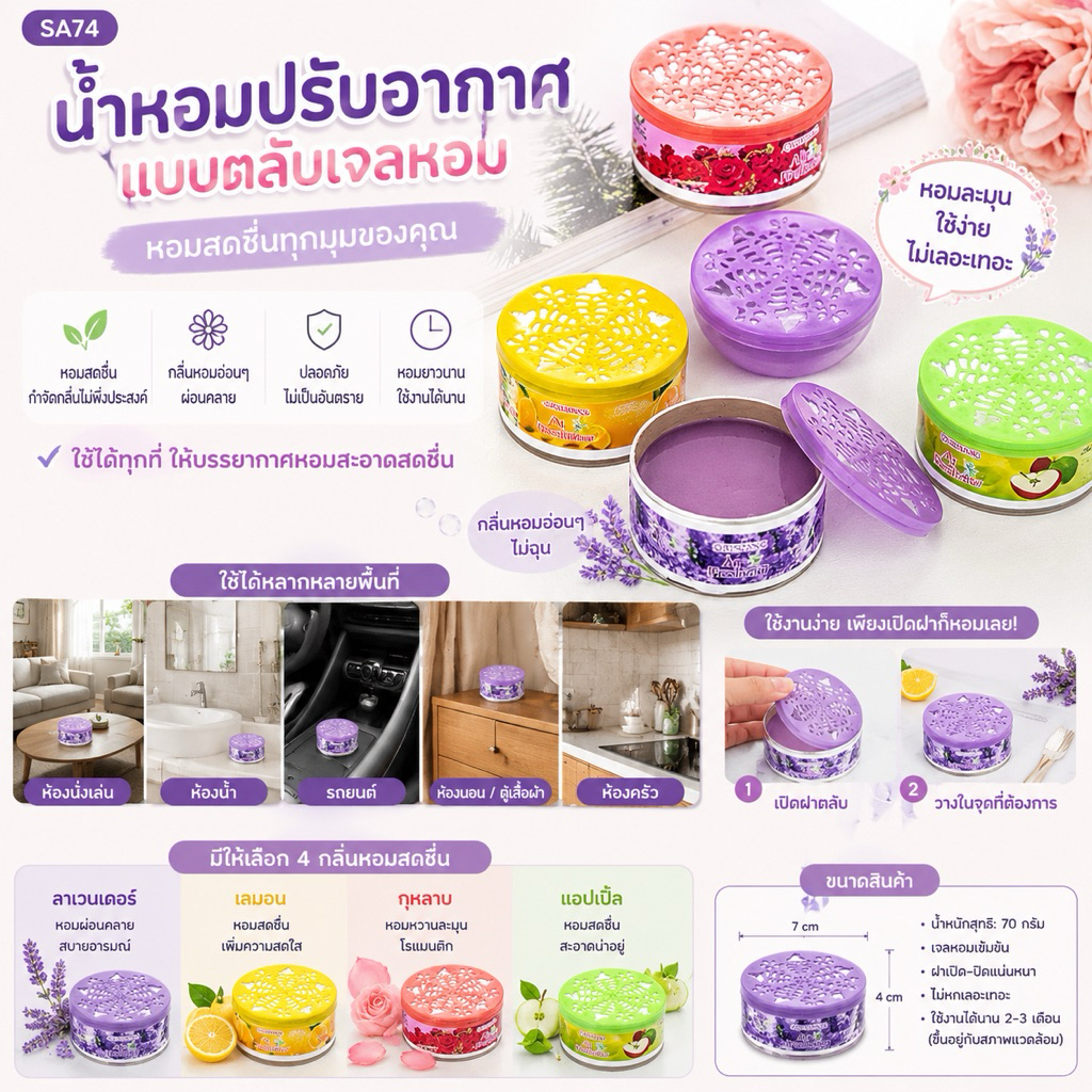 น้ำหอมปรับอากาศในครัวเรือน, น้ำหอมที่เป็นของแข็ง, ระงับกลิ่นกายในห้องน้ำ, น้ำหอมในรถยนต์ SA74