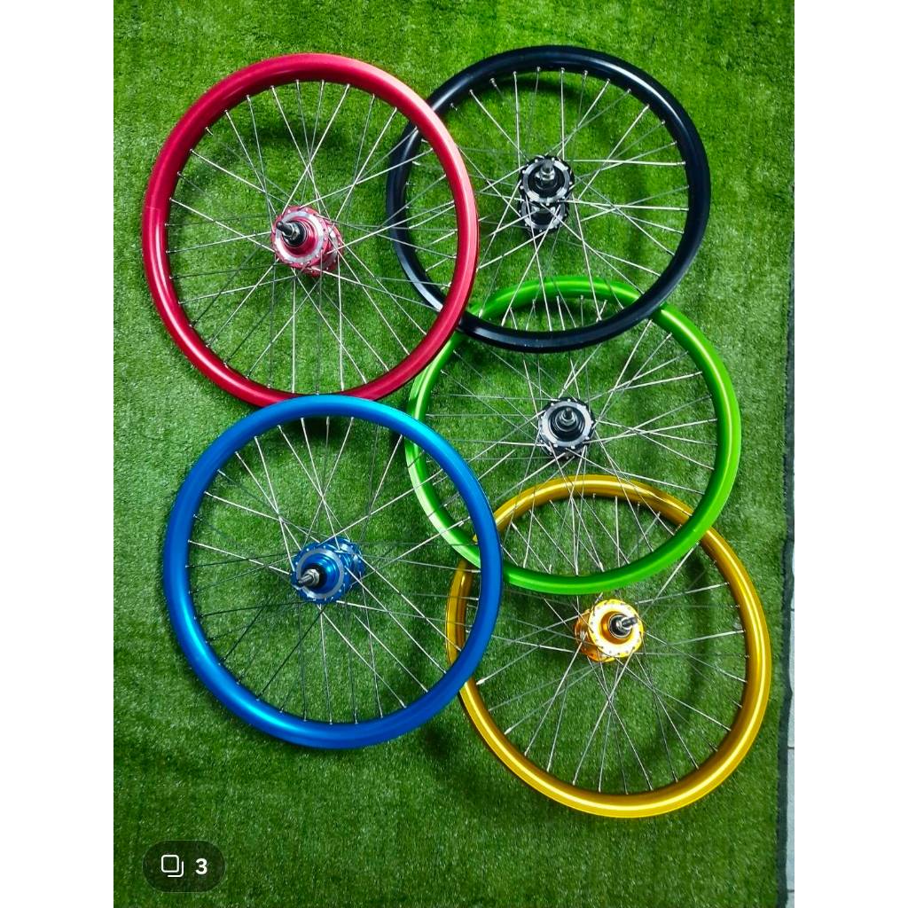 วงล้อมิเนียม สี (2 ชั้น) ขึ้นเสร็จ 20 x 175 นิ้ว (36 รู) + ดุมมิเนียมสี (TAIWAN) หลัง + ซี่ลวด STL (เลือกสีดุมกับล้อได้)
