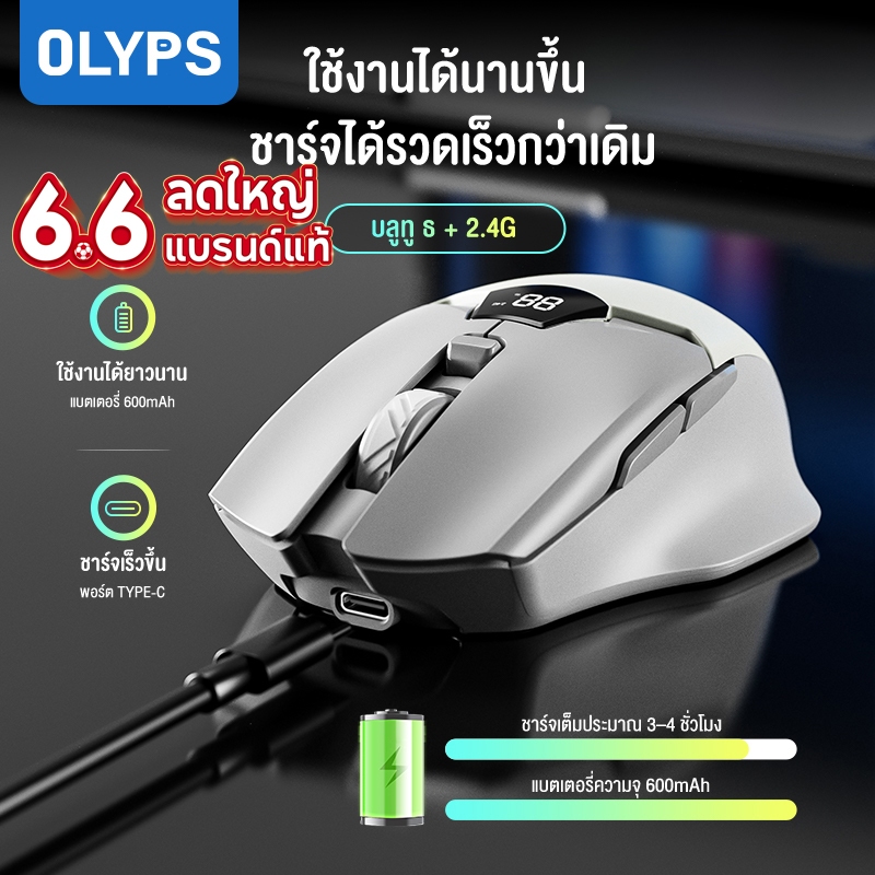 OLYPS เมาส์ไร้สายชาร์จได้ Type c Bluetooth หนูเงียบ DPI3200 ความหน่วงต่ำ