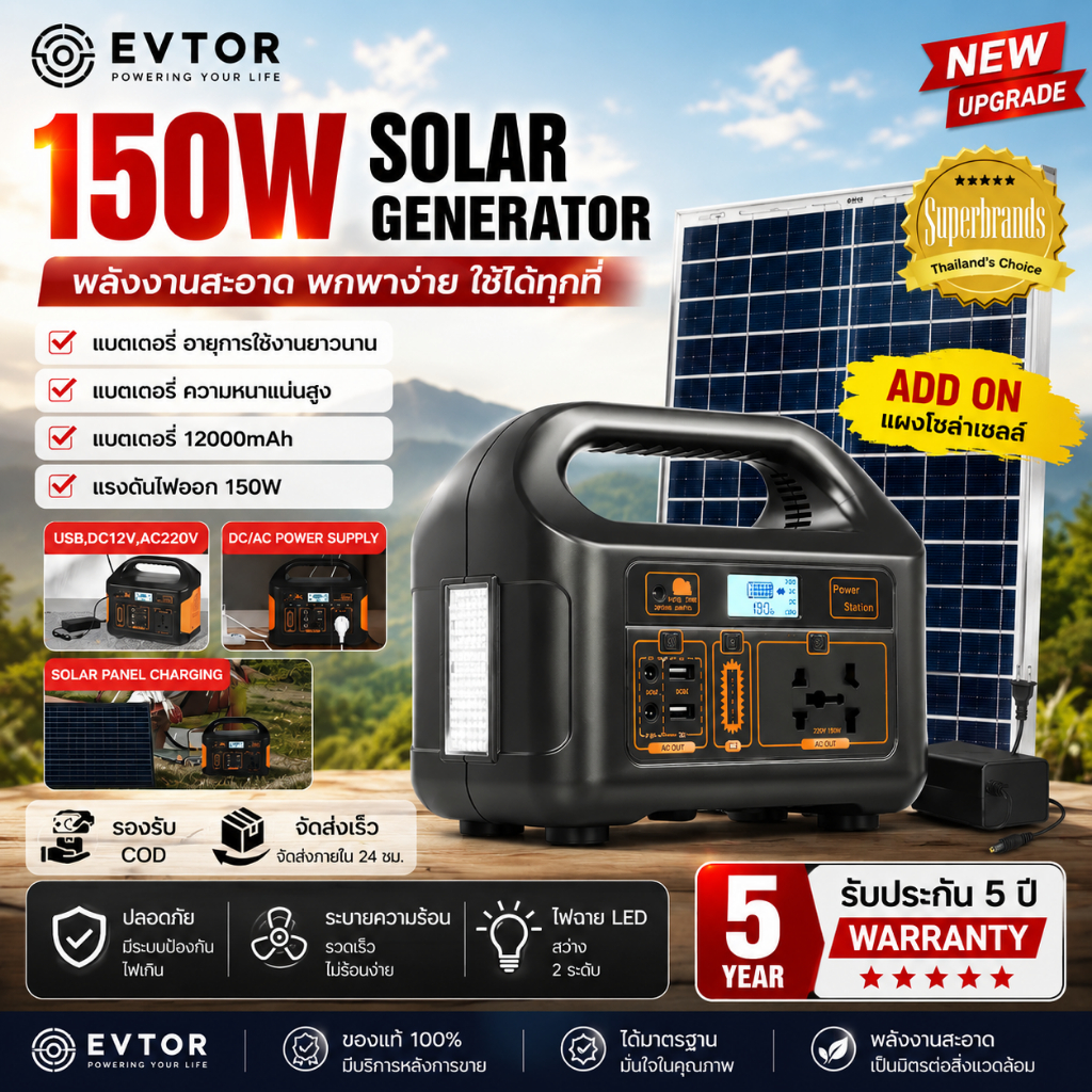 EVTOR  Portable Power Station เครื่องกำเนิดไฟฟ้าพลังงานแสงอาทิตย์ 150W แหล่งจ่ายไฟแบบพกพา 220V สถานีพลังงานแสงอาทิตย์แบ