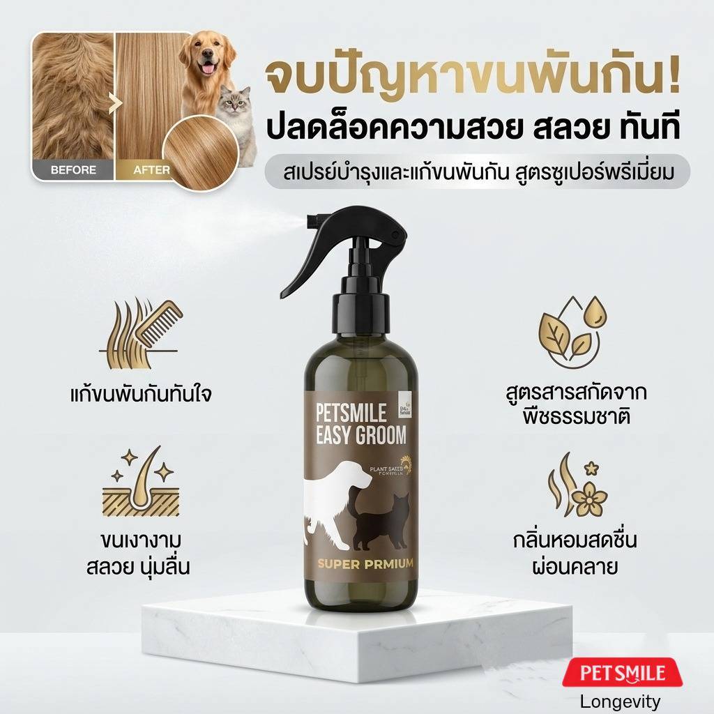 PETSMILE EASY GROOM สเปรย์อาบแห้งและแก้ขนพันกัน สูตรสัตวแพทย์ 250ml