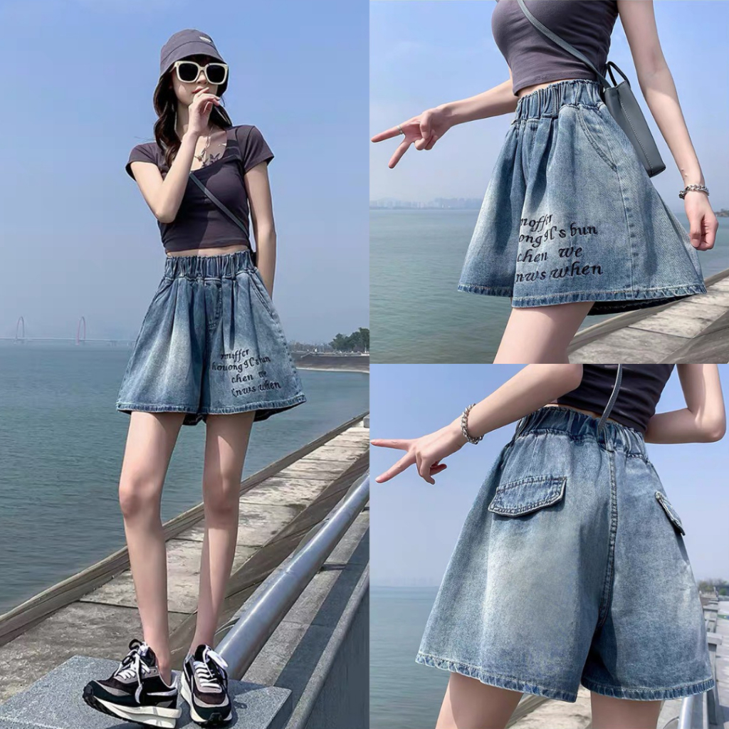 กางเกงยีนส์ขาสั้น S-10XL เอวสม็อคทรงขากว้าง ลายปักอักษรยีนส์ผ้านิ่มใส่สบาย