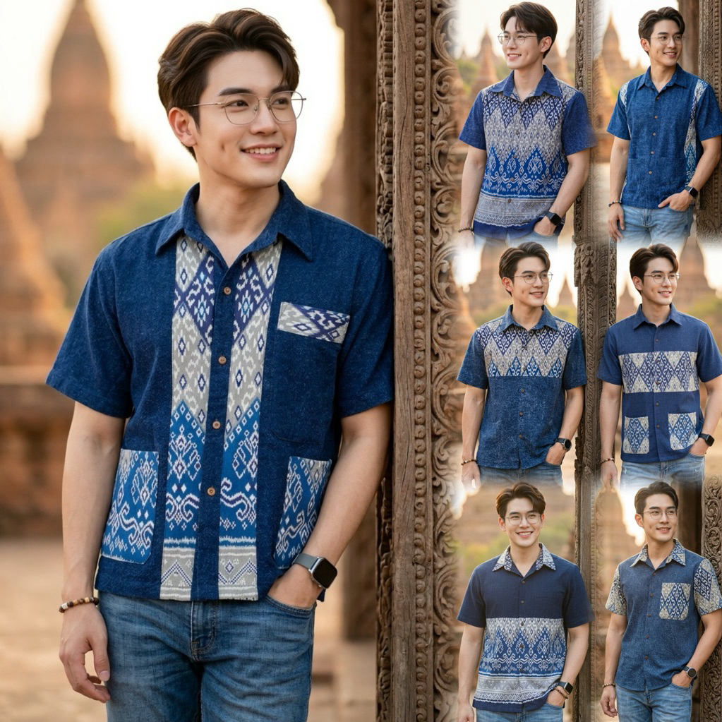 เสื้อพื้นเมืองผู้ชายคอเชิ้ต ผ้าหม้อฮ่อมสโตนแต่ผ้าลายไทย รุ่น "ภูมิภัทร"