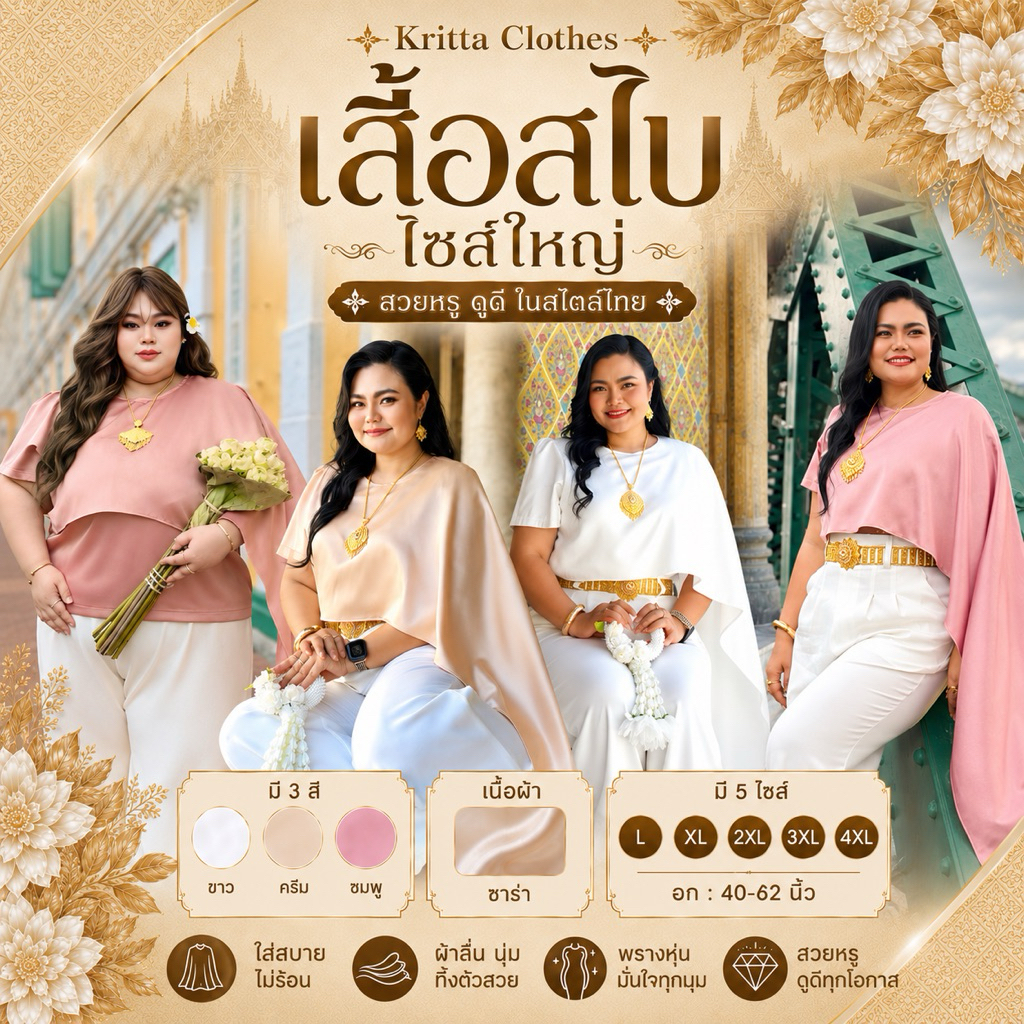 เสื้อสไบ ไซส์ใหญ่ คอกลม แขนสั้น อก 40-60 นิ้ว สำหรับออกงานและงานบุญ - Clothing