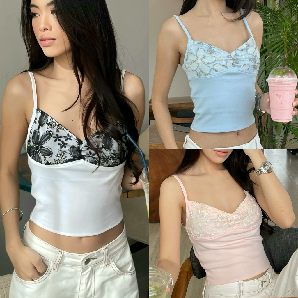 Amilycho : Alice top สายเดี่ยวปักลูกไม้ ดีไซน์เรียบหรู