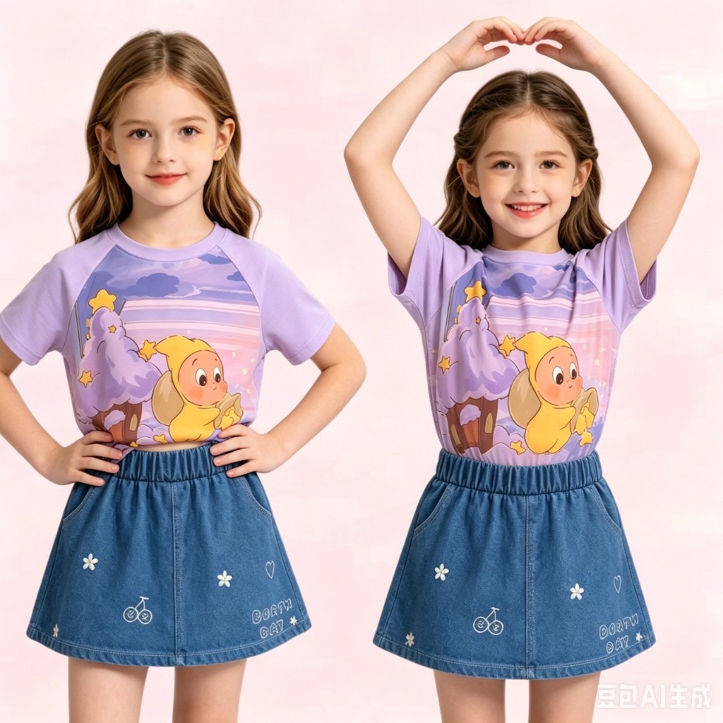 BB301 ชุดเด็กหญิงแฟชั่นฤดูร้อน เสื้อม่วงพาสเทล + กระโปรงยีนส์