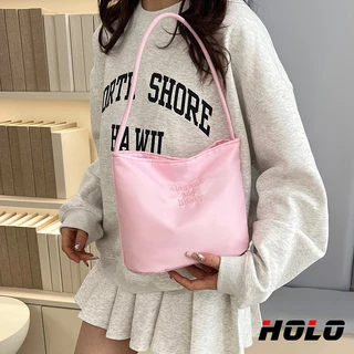 HOLO กระเป๋าถือทรงบัคเก็ตสีแมคารอนแบบเรียบง่าย กระเป๋าสะพายข้างแฟชั่น