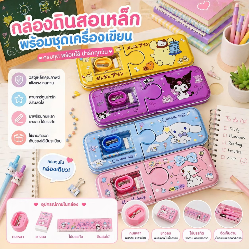 ชุดกล่องดินสอเหล็ก 2 ชั้น ลาย การ์ตูนน่ารัก ซื้อเป็นชุดคุ้มมาก✨🌈